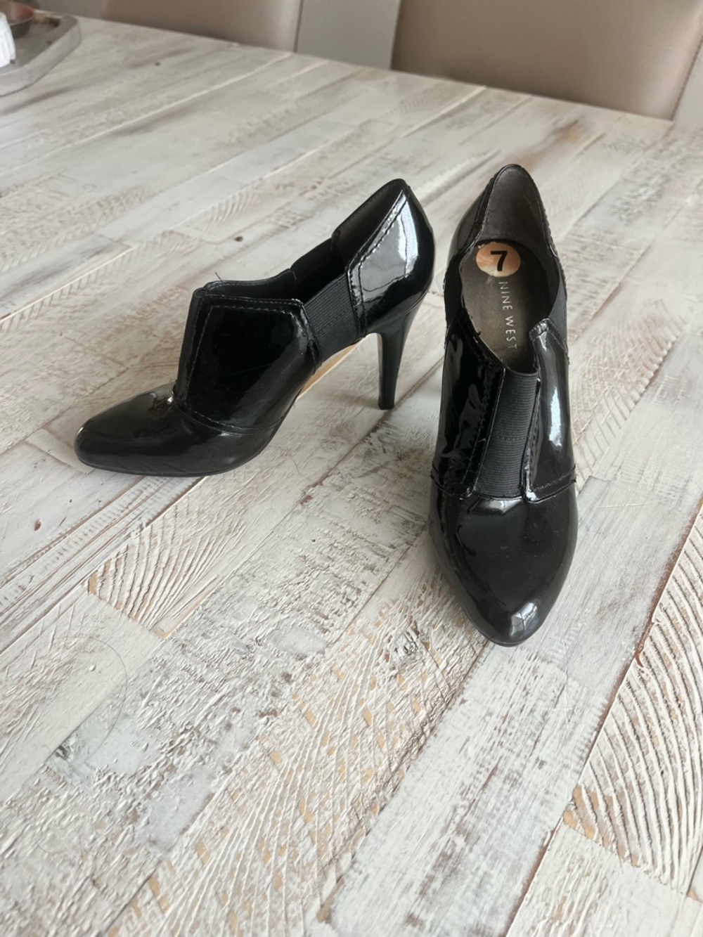 Nine West Black Patent Leather High-Heel Booties with Elastic Side Panels